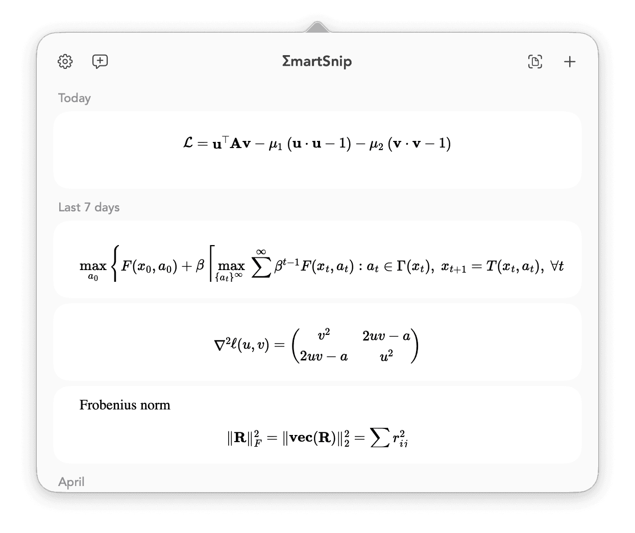 SmartSnip LaTeX OCR History Feature - MathPix Alternative for Mathematical Equation Recognition