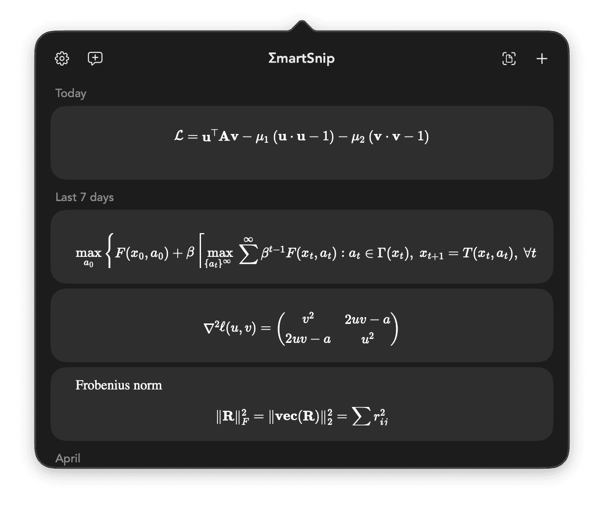 SmartSnip LaTeX OCR History Feature - MathPix Alternative for Mathematical Equation Recognition